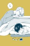  cellphone eyewear_removed glasses katsuki_yuuri kotatsu lying male_focus mamemomota monochrome multiple_boys on_stomach phone sitting sleeping smartphone smile table thought_bubble viktor_nikiforov yellow_background yuri!!!_on_ice 