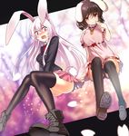  :3 animal_ears ankle_boots ass bangs black_footwear black_hair black_legwear black_panties blazer boots bunny_ears bunny_tail carrot_necklace cross-laced_footwear d: dress highres inaba_tewi jacket koissa loafers long_hair long_sleeves miniskirt multiple_girls necktie open_mouth panties pantyshot pantyshot_(sitting) pink_dress pink_hair pink_skirt pleated_skirt puffy_short_sleeves puffy_sleeves red_eyes red_neckwear reisen_udongein_inaba shiny shiny_hair shoes short_dress short_hair short_sleeves sitting skirt smile tail thighhighs touhou underwear very_long_hair wavy_mouth wing_collar 