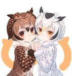  blush brown_eyes brown_hair buttons cheek-to-cheek coat eurasian_eagle_owl_(kemono_friends) eyebrows_visible_through_hair fur_collar fur_trim hair_between_eyes head_wings highres holding_hands interlocked_fingers japari_symbol kemono_friends kibisake long_sleeves looking_at_viewer multicolored_hair multiple_girls northern_white-faced_owl_(kemono_friends) short_hair upper_body white_hair wings yuri 