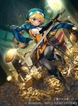  bangs banned_artist belt blonde_hair blue_eyes boots braid coin elbow_gloves eyebrows_visible_through_hair fingerless_gloves fire_emblem fire_emblem:_seisen_no_keifu fire_emblem_cipher gloves gold hat holding holding_weapon jewelry kawasumi_(japonica) long_hair looking_at_viewer official_art open_mouth pants patty_(fire_emblem) ring scarf smile sword tied_hair treasure treasure_chest weapon 