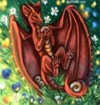  2018 ambiguous_gender detailed_background detailed_fur digital_media_(artwork) dragon feral flashw fur furred_dragon grass hair horn pawpads red_eyes red_hair red_pawpads smile solo yellow_sclera 