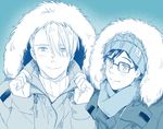  copyright_name fur_trim glasses hat hood hooded_jacket jacket katsuki_yuuri male_focus mamemomota monochrome multiple_boys scarf smile upper_body viktor_nikiforov yuri!!!_on_ice 