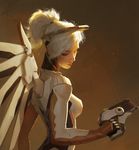  backlighting blonde_hair bodysuit breasts brown_background closed_eyes eyelashes facing_viewer from_side gun hair_tie handgun high_ponytail highres holding holding_gun holding_weapon looking_down looking_to_the_side mechanical_halo mechanical_wings medium_breasts mercy_(overwatch) nose overwatch pink_lips pistol realistic signature solo upper_body weapon wings xiaofei_syrup yellow_wings 