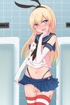  14sai_bishoujo_(shoutarou) 1boy :d blonde_hair blue_eyes bulge collarbone crossdressing elbow_gloves g-string gloves highres kantai_collection long_hair looking_at_viewer miniskirt navel open_mouth panties penis penis_in_panties pleated_skirt sailor_collar shimakaze_(kantai_collection) skirt smile solo testicles thighhighs thong trap twintails underwear vibrator 