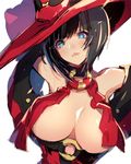  1girl armpits bangs bare_shoulders black_hair blue_eyes blunt_bangs blush breasts collar commentary_request covered_nipples guilty_gear hat i-no large_breasts looking_at_viewer o-ring o-ring_top oro_(sumakaita) outstretched_arms parted_lips red_hat revealing_clothes short_hair solo spread_arms upper_body witch_hat 