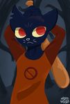  baseball_bat cat cut_ears feline female lineless logo long_sleeve_shirt mae_(nitw) mammal neutral_color_background neutral_expression night night_in_the_woods red_eyes salamikii tree 