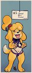  2017 animal_crossing anthro bdsm bell bondage bound breasts canine collar digital_media_(artwork) dog domination english_text female fur hairband isabelle_(animal_crossing) looking_up mammal navel newd nintendo nipple_tape open_mouth panting pasties pose pussy_tape rope simple_background solo standing sweat tape teasing text video_games yellow_fur 