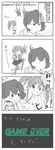  commentary_request game_over hair_ribbon hakama_skirt highres itsuka_acr japanese_clothes kaga_(kantai_collection) kantai_collection metal_gear_(series) monochrome multiple_girls ribbon side_ponytail sneaking surprised tears translation_request twintails zuikaku_(kantai_collection) 