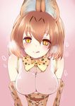  :d animal_ears bangs bare_shoulders blush bow bowtie breasts brown_eyes commentary_request elbow_gloves eyebrows_visible_through_hair fujisaki_hikari gloves heart heart-shaped_pupils heavy_breathing highres kemono_friends large_breasts leaning_forward licking_lips light_brown_hair looking_at_viewer naughty_face open_mouth pink_background serval_(kemono_friends) serval_ears serval_print serval_tail short_hair simple_background sleeveless smile solo symbol-shaped_pupils tail tongue tongue_out 