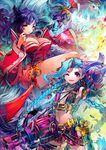  ahri animal_ears bare_shoulders black_hair blue_hair braid breasts bullet cleavage detached_sleeves energy_ball facial_mark fingerless_gloves fox_ears fox_tail fumo gloves jewelry jinx_(league_of_legends) korean_clothes large_breasts league_of_legends lips long_hair looking_at_viewer multiple_girls multiple_tails nail_polish navel necklace one_eye_closed pink_eyes slit_pupils small_breasts smile tail thighhighs twin_braids very_long_hair weapon whisker_markings yellow_eyes 