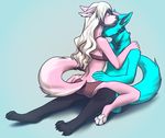  2016 4_toes 5_fingers angiewolf anthro blue_fur canine clothed clothing digitigrade duo eyes_closed female fur hair long_hair male mammal pink_fur simple_background smile toes 