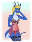  anthro arki clothed clothing crossdressing dragon eyewear flat_chested girly glasses horn legwear male scalie solo spacekitten stockings 