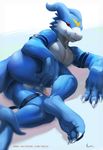 2017 anthro balls belt big_tail blue_skin blue_tail butt claws digimon flamedramon front_view half-erect hand_on_leg hand_on_thigh humanoid_penis long_tail looking_at_viewer lying male multicolored_skin muscular negger nude partially_retracted_foreskin penis pose red_eyes reptile scalie sharp_claws signature simple_background smile solo thick_tail toe_claws uncut white_background white_penis white_skin 