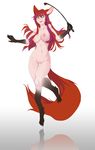  2017 animal_humanoid areola black_fur blue_eyes breasts canine claws female fox fox_humanoid fur hair hi_res humanoid long_hair looking_at_viewer ltshiroi mammal nipples nude pink_nipples purple_hair pussy raised_leg red_fur red_hair reflection simple_background smile solo whip white_background 