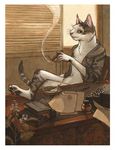  anthro blinds book cat cigar clothed clothing coat crossed_legs ears_up feathers feline flower fur ink inner_ear_fluff inside looking_at_viewer mammal multicolored_fur pawprint pen plant sitting smoking solo table talenshi two_tone_fur typewriter whiskers window 
