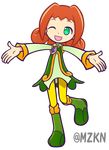  1girl ally_(puyopuyo) boots green_eyes happy mzkn002 official_style one_eye_closed open_mouth orange_hair puyopuyo simple_background smile wink 