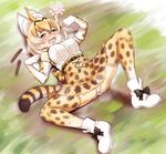  animal_ears bare_shoulders blonde_hair blush breasts commentary_request drooling drunk elbow_gloves gloves highres kemono_friends lying oku_(okumen) on_back open_mouth panties pantyshot pantyshot_(lying) serval_(kemono_friends) serval_ears serval_print serval_tail shirt short_hair skirt sleeveless smile spread_legs sweat tail underwear 