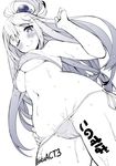  ;) aqua_(konosuba) bangs batsu bikini blush body_writing breasts cameltoe clenched_hand copyright_name covered_nipples dutch_angle eyebrows_visible_through_hair foreshortening from_below greyscale hair_rings hand_on_hip highres kono_subarashii_sekai_ni_shukufuku_wo! long_hair looking_at_viewer looking_down medium_breasts midriff monochrome navel one_eye_closed side-tie_bikini smile solo swimsuit translated twitter_username underboob wet wet_clothes wet_swimsuit 