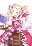  :&lt; adjusting_hair_ornament beatrice_(re:zero) blonde_hair blue_eyes book bookshelf bow capelet coffee_table commentary crown cup dress drill_hair fur_trim glitter hair_ornament hair_ribbon highres long_hair long_sleeves mini_crown pantyhose re:zero_kara_hajimeru_isekai_seikatsu reading ribbon shadow shoes simple_background single_shoe solo striped striped_legwear sunege_(hp0715) symbol-shaped_pupils table teacup teapot telekinesis twin_drills twintails white_background 