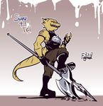  alphys alternate_universe blood boots clothing fagraea fingerless_gloves footwear gloves halberd lizard looking_at_viewer melee_weapon polearm red_sclera reptile scalie scar underfell underswap undertale video_games weapon 