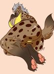  2017 anthro big_breasts big_butt breasts brown_fur butt ezukapizumu female fur green_eyes grey_hair hair hyena mammal pawpads raised_tail simple_background solo spotted_hyena 