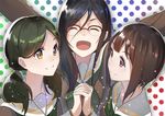  ^_^ bangs black_hair brown-framed_eyewear closed_eyes closed_mouth commentary facing_viewer fuotchan glasses green_hair hibike!_euphonium interlocked_fingers looking_at_another mole mole_under_eye multiple_girls nakaseko_kaori ogasawara_haruka open_mouth over-rim_eyewear polka_dot polka_dot_background red_eyes school_uniform semi-rimless_eyewear serafuku short_hair_with_long_locks sidelocks smile tanaka_asuka twintails upper_body yellow_eyes 