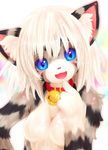  anthro bell bell_collar blue_eyes blush breasts cat claws collar cute featureless_breasts feline female fur grey_fur hair karin looking_at_viewer mammal nude open_mouth short_hair solo striped_fur stripes tetetor-oort whiskers white_hair young 