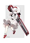  2016 black_bow black_neckwear blue_eyes bow bowtie dress frills hair_ornament hairpin heterochromia highres long_sleeves red_eyes red_footwear shi-chen shoes short_hair solo star star_hair_ornament stuffed_animal stuffed_bunny stuffed_toy weapon white_hair white_skin 