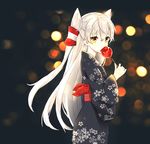  amatsukaze_(kantai_collection) black_kimono blurry bokeh chamnaitu cowboy_shot depth_of_field from_side hair_between_eyes highres japanese_clothes kantai_collection kimono long_hair looking_at_viewer sash silver_hair solo standing very_long_hair yellow_eyes yukata 