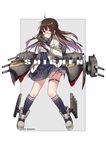  2016 ahoge artist_name azur_lane blazer blush brown_hair earrings glasses gloves highres jacket jewelry kneehighs london_(azur_lane) long_hair machinery pleated_skirt red_eyes rigging shi-chen shoes skindentation skirt smile socks solo torpedo turret weapon 