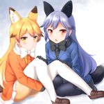  :o animal_ears bangs black_gloves black_legwear black_skirt blazer blonde_hair blue_hair blush brown_hair closed_mouth eyebrows_visible_through_hair ezo_red_fox_(kemono_friends) faubynet fox_ears fox_girl fox_tail gloves gradient_hair hand_on_another's_knee hand_on_own_knee highres jacket kemono_friends loafers long_hair looking_at_viewer multicolored_hair multiple_girls open_mouth pantyhose red_eyes shoes silver_fox_(kemono_friends) sitting skirt tail white_legwear white_skirt yellow_eyes 