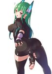  1girl ass bar_censor bodysuit breasts combat_s-ko fingerless_gloves full-package_futanari futanari grabbing_own_ass green_hair hair_ornament long_hair open_mouth penis red_eyes simple_background sweat testicles torn_bodysuit torn_clothes 