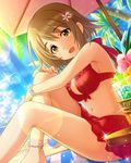  bare_legs bikini breasts brown_eyes brown_hair cleavage cloud day drink drinking_straw ears eyebrows_visible_through_hair flower garnish hair_flower hair_ornament idolmaster idolmaster_cinderella_girls large_breasts lens_flare lime_slice looking_at_viewer midriff mimura_kanako navel official_art open_mouth palm_tree red_bikini short_hair sky solo sun swimsuit tree umbrella 