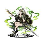  ahoge breasts cleavage collarbone divine_gate dress floating_hair full_body green_dress green_eyes hair_between_eyes high_heels hodur_(divine_gate) long_hair looking_at_viewer official_art polearm small_breasts solo spear transparent_background ucmm very_long_hair weapon 