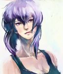  1girl bangs black_tank_top cleavage cyborg ghost_in_the_shell kusanagi_motoko locks maroon_eyes purple_hair short_hair short_hair_with_long_locks simple_background socha solo tank_top 