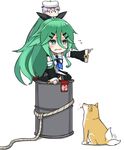  bangs black_legwear black_ribbon black_serafuku black_skirt blue_neckwear commentary cross-counter_(screw_upper) detached_sleeves dog drum_(container) drum_canister_(kantai_collection) fairy_(kantai_collection) green_eyes green_hair hair_between_eyes hair_ornament hairclip highres kantai_collection long_hair multiple_girls neckerchief parted_bangs pleated_skirt ribbon rope school_uniform serafuku shoes sidelocks sitting sitting_on_object skirt thighhighs yamakaze_(kantai_collection) 