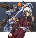  blue_eyes clenched_hand facial_scar gun gundam gundam_seed highres male_focus mecha scar scar_on_cheek serious silver_hair solo uniform weapon yamashita_shun'ya yzak_joule 