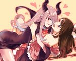  artist_name bare_shoulders blush bow brown_hair cloak cosplay dress frilled_dress frills hair_bow hair_over_one_eye heart horned_headwear kagari_atsuko leila_(yurisouls) little_witch_academia long_hair maleficent maleficent_(cosplay) multiple_girls open_mouth pale_skin purple_hair red_eyes simple_background sucy_manbavaran yuri 
