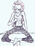  clothed clothing clothing_lift eye_patch eyewear fangs female navel ponytail shirt shirt_lift solo undertale undyne unknown_artist video_games 