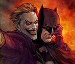  2boys bat_symbol batman batman_(series) bolo_tie bruce_wayne cape cowl dc_comics fake_animal_ears fingersmile fire forced_smile gloves green_hair lipstick male_focus mask multiple_boys purple_gloves selfie smile suit teeth the_joker 