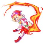  1girl amitie amitie_(puyopuyo) boots bracelet fire green_eyes happy komeichou-69 open_mouth puyopuyo puyopuyo_fever red_hat shorts smile solo 