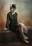  abstract_background alex_(bering) arctic_fox barefoot blue_eyes canine clothed clothing crossed_legs digitigrade ears_up female fox fur grey_fur hat humanoid_hands inner_ear_fluff jacket johis looking_at_viewer mammal necktie portrait shirt sitting skirt solo uniform 
