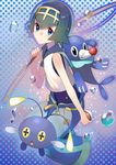  blue_eyes blue_sailor_collar blush chinchou fishing_rod from_side full_body fuotchan gen_2_pokemon gen_7_pokemon green_hair hand_up highres holding holding_poke_ball looking_at_viewer parted_lips poke_ball poke_ball_(generic) pokemon pokemon_(creature) pokemon_(game) pokemon_sm polka_dot polka_dot_background popplio sailor_collar short_hair solo suiren_(pokemon) 