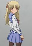  angel_beats! blonde_hair brown_eyes cowboy_shot from_behind grey_background hair_ribbon headset long_hair looking_at_viewer looking_back pantyhose red_ribbon ribbon rikku04 school_uniform serafuku shinda_sekai_sensen_uniform simple_background solo standing twintails yusa_(angel_beats!) 