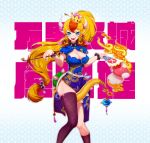  1girl blonde_hair blue_eyes bowsette bracelet breasts china_dress chinese_clothes cleavage cleavage_cutout crown dress erect_nipples horns jewelry large_breasts long_hair looking_at_viewer mario_(series) new_super_mario_bros._u_deluxe nintendo open_mouth pointy_ears ponytail sharp_teeth smile solo spiked_armlet spiked_bracelet spiked_tail spikes standing super_crown tail teeth thighhighs tongue tongue_out 