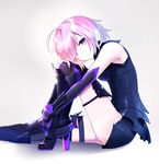  ahoge armor armored_boots boots chamnaitu fate/grand_order fate_(series) from_side grey_background high_heel_boots high_heels highres leg_hug looking_at_viewer mash_kyrielight pink_hair purple_eyes short_hair sitting smile solo thigh_boots thighhighs 