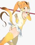  akinashi_yuu animal_ears ass bare_shoulders blonde_hair bracelet circlet gloves golden_snub-nosed_monkey_(kemono_friends) high_ponytail holding holding_staff jewelry kemono_friends leotard long_hair monkey_ears monkey_tail orange_hair ponytail skirt solo staff tail thighhighs weapon yellow_leotard 