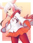  bird_tail bird_wings blush eyebrows_visible_through_hair head_wings highres japanese_crested_ibis_(kemono_friends) jiiwara kemono_friends long_hair long_sleeves looking_away multicolored_hair open_mouth pantyhose red_hair red_legwear red_ribbon ribbon solo tail thighhighs two-tone_hair white_hair wings yellow_eyes 