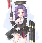 blush eyebrows_visible_through_hair gloves highres holding holding_sword holding_weapon kantai_collection looking_at_viewer miiyon mole mole_under_eye open_mouth purple_eyes purple_hair red_ribbon ribbon smile solo sword tatsuta_(kantai_collection) weapon 
