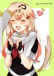  :d ^_^ admiral_(kantai_collection) bangs blonde_hair blush clenched_hands closed_eyes fingerless_gloves gloves hair_between_eyes hair_ornament hair_ribbon hairclip happy haruta_(haru_chi) heart kantai_collection long_hair long_sleeves neckerchief open_mouth petting red_neckwear remodel_(kantai_collection) ribbon scarf short_sleeves smile tail tail_wagging twitter_username yuudachi_(kantai_collection) 